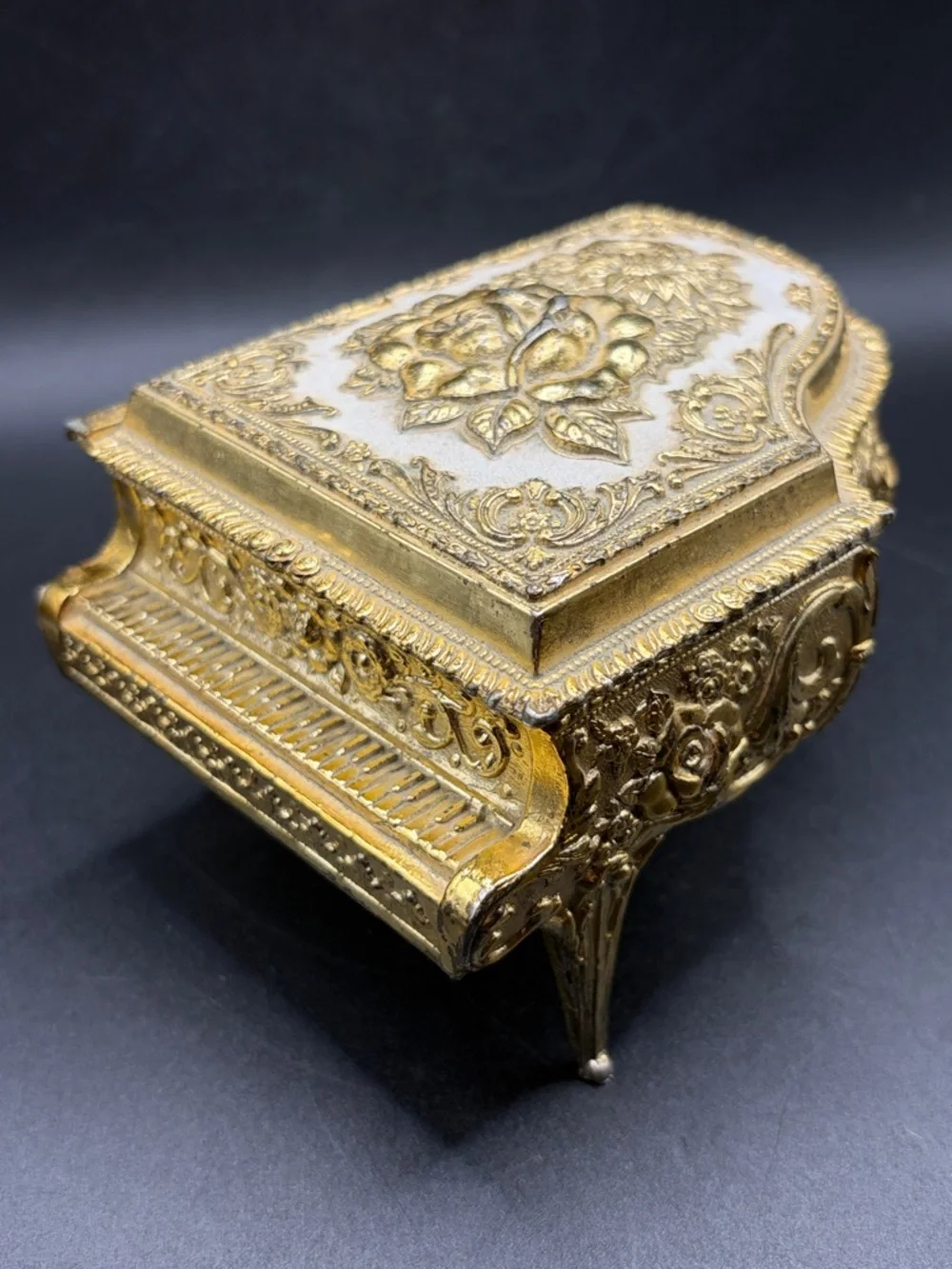 Vintage Grand Piano Gold Tone Rose Floral Hinged Jewelry Box Trinket Box, Japan